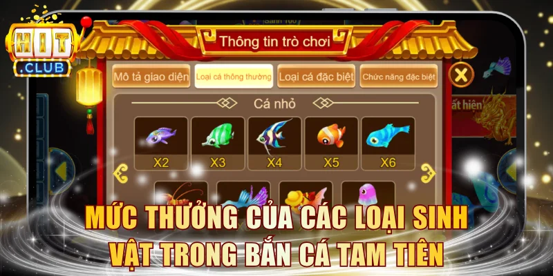 Mức thưởng của các loại sinh vật trong game Bắn Cá Tam Tiên